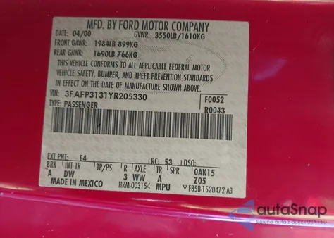 2000 Ford Focus Zx3 from USA, damaged, VIN 3FAFP3131YR205330